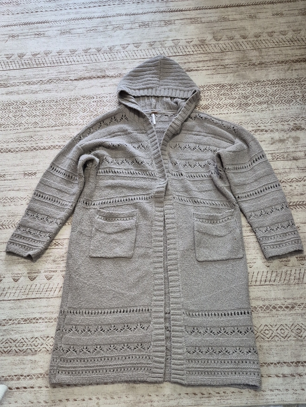 Free People Taupe Hooded Open-Front Knit Long Cardigan